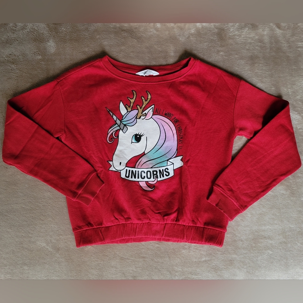 H&M Girl Unicorn Red Long Sleeve Elasticized Waistband Sweater Size 14Y